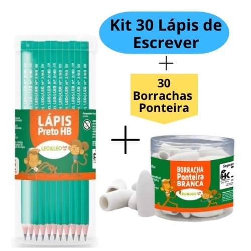 Kit 30 lápis de Escrever Nº2 Preto + 30 Borracha Escolar Ponteira Branca Escolar Escola Estudo LEO&LEO