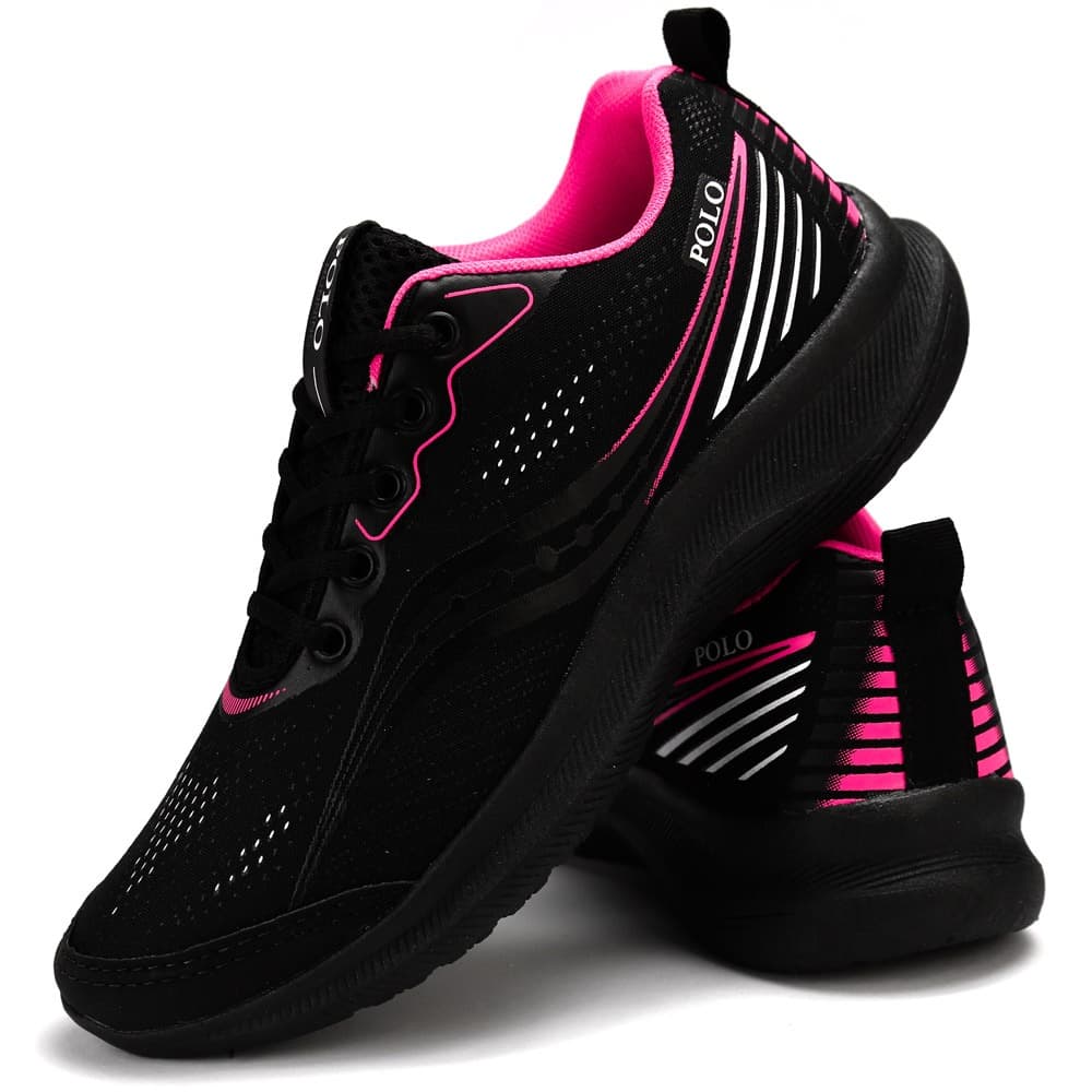 Tênis Feminino Esportivo Caminhada Polo Running Preto Rosa Pink