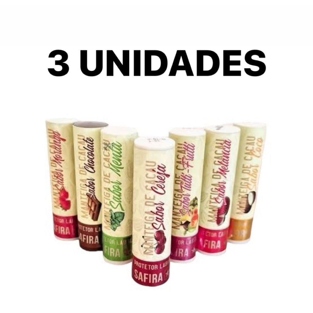 KIT 3 PROTETORES LABIAL MANTEIGA DE CACAU SABORES HIDRATANTE PROTETOR SAFIRA