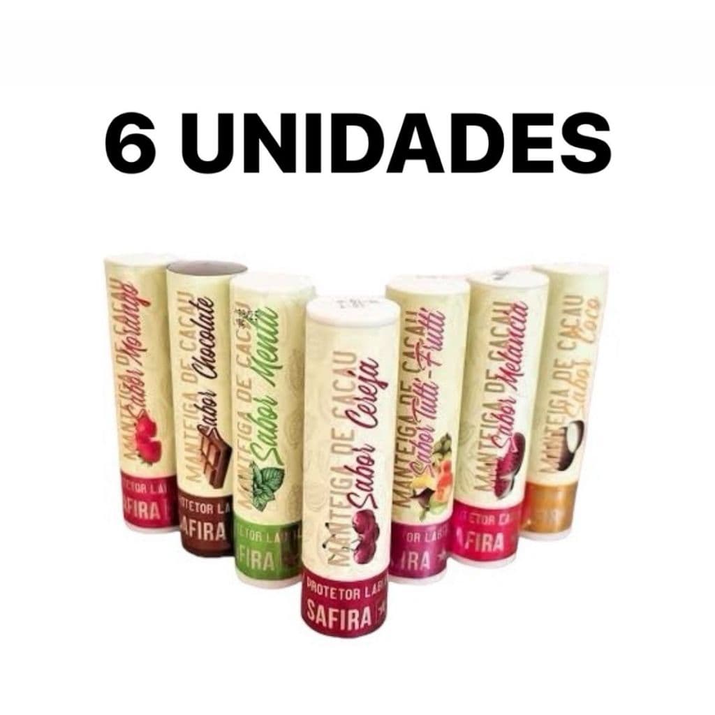 KIT 6 PROTETORES LABIAL MANTEIGA DE CACAU SABORES HIDRATANTE PROTETOR SAFIRA