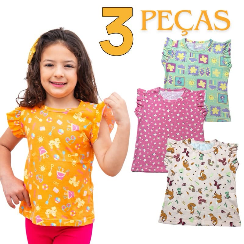 Kit 3 Blusas Estampada Verão para Meninas 2 a 12 anos (0032)