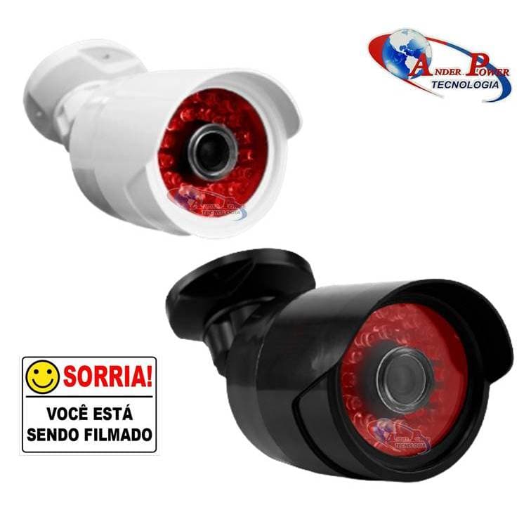 Câmeras Bullet Falsa Fake cor Branco Preto com Led e placa sorria está sendo filmado