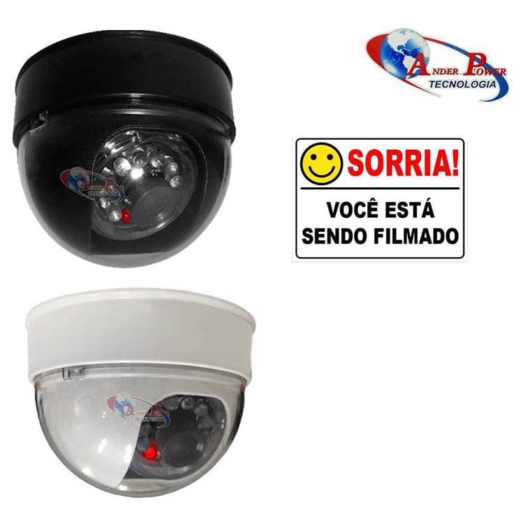 Câmera Dome Falsa Fake cor Branco Preto com Led e placa sorria está sendo filmado