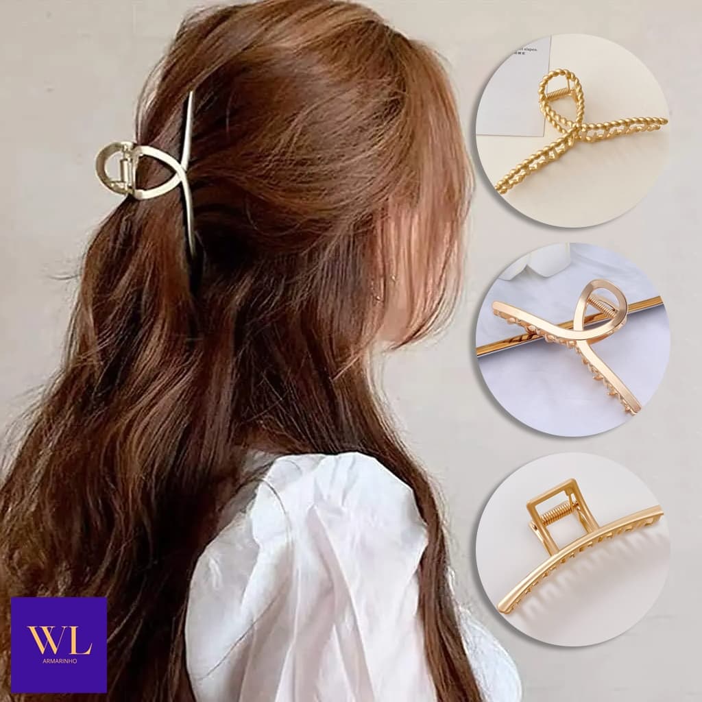 Kit Conjunto 2 Piranhas de Cabelo Media/ Grande Prendedor de Cabelo Dourado / Prata de Metal Acessório Vários Modelos