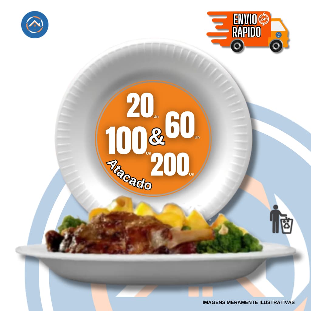 Prato de Isopor 23cm Descartável para Refeição c/20un , 60un , c/100un e 200un