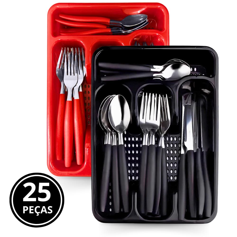 Jogo De Talheres Inox Com 24 Peças Talher + Suporte Gaveteiro Faqueiro Cozinha - Promoção