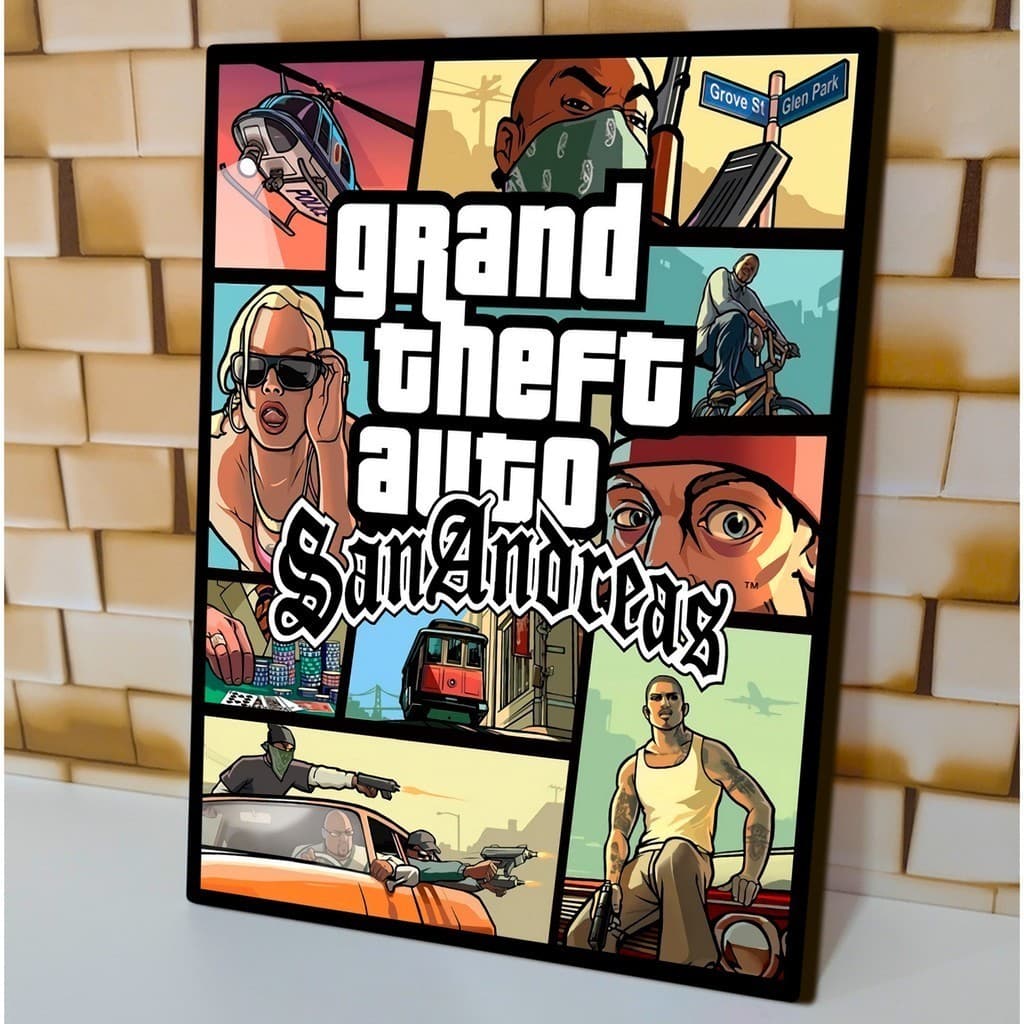 Quadro Decorativo GTA San Andreas Capa Game Grand Thief Auto Gamer Geek Para Quarto Sala Escritório