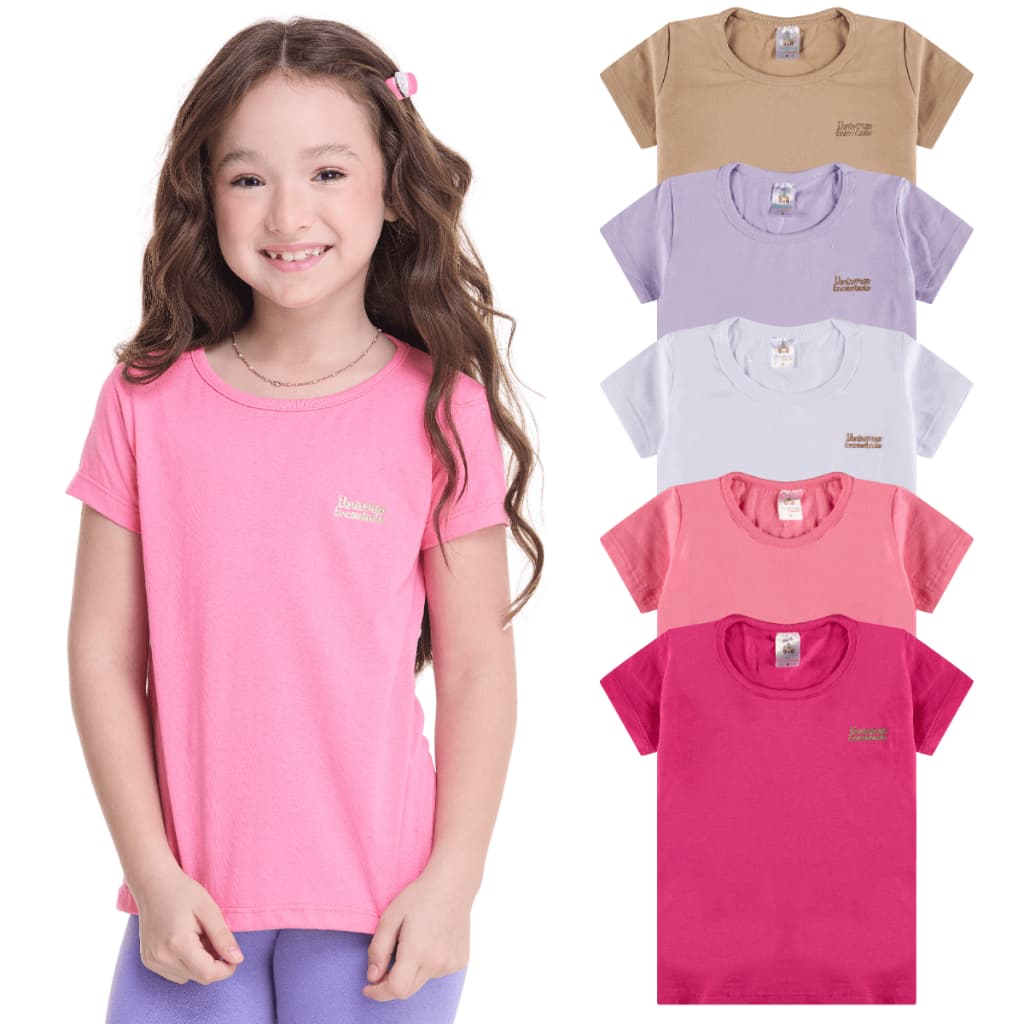 Kit 5 Blusa Manga Curta Infantil Menina 100% Algodão Lisa Basica