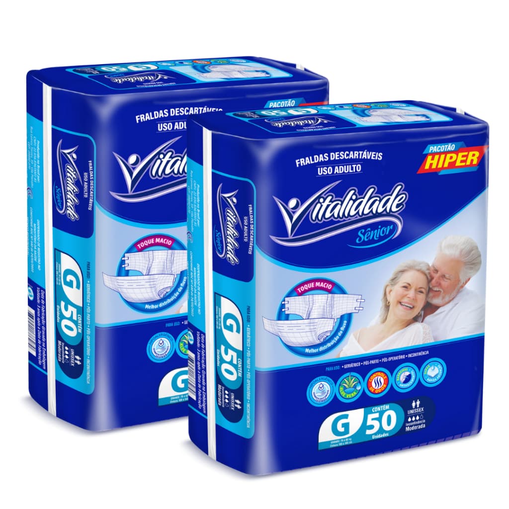 Kit com 2 Pacotes Fralda Descartável Geriátrica Adulto Vitalidade Sênior Direto da Fábrica Barato Revenda