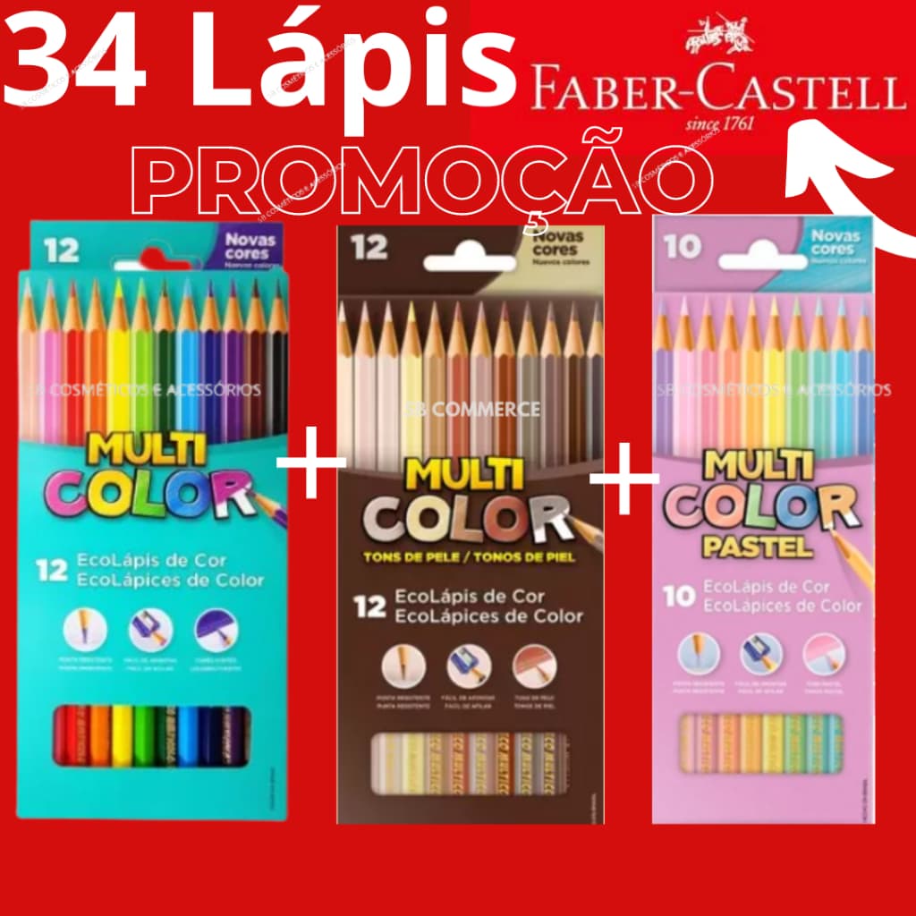 KIT LÁPIS DE COR MULTICOLOR (12 TONS PELE + 12 TRADICIONAIS + 10 PASTEL) FABER-CASTELL
