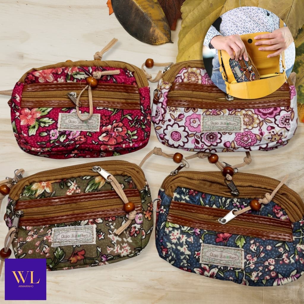 Bolsa Carteira Feminina Floral Com Zíper/ Porta Moedas/ Cartões e Documentos/ 3 Divisórias/ Pequena e Elegante - WL