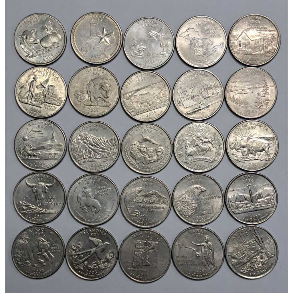 Moedas Quarter Dólar, EUA, 2004-2008, Estados Americanos, circuladas, mas em bom estado de conservação, 24,26mm