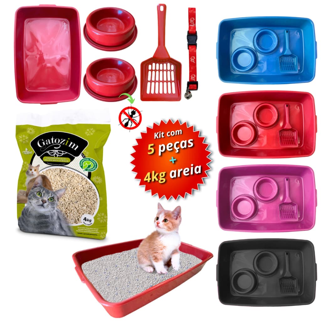 Kit acessórios para gatos + areia granulada 4kg