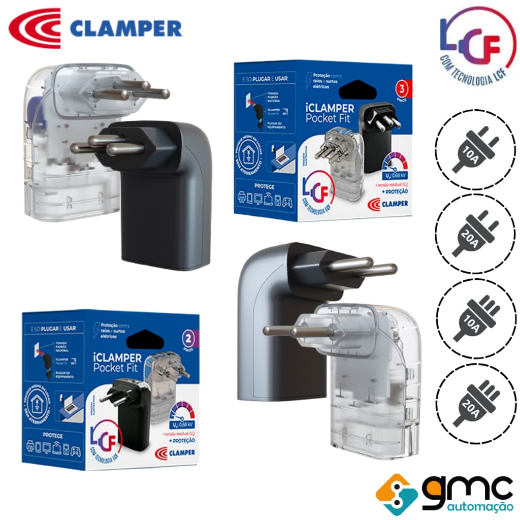 Protetor Contra Surtos Elétricos e Raios DPS iClamper POCKET Fit - 2 e 3 Pinos / 10A e 20A LCF
