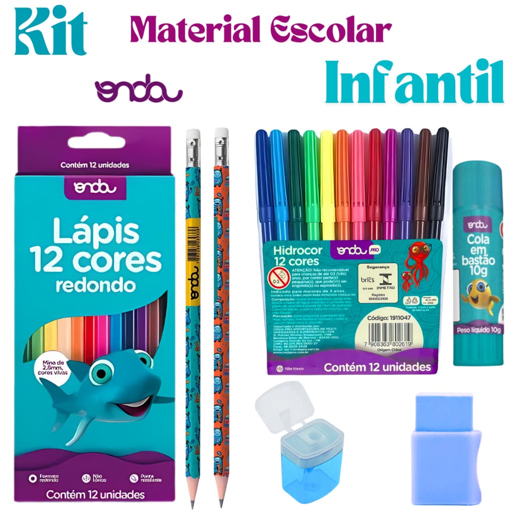 Kit Material Escolar Infantil  Lápis De Cor Canetinhas Lápis HB  Borracha  Apontador  Cola Bastão