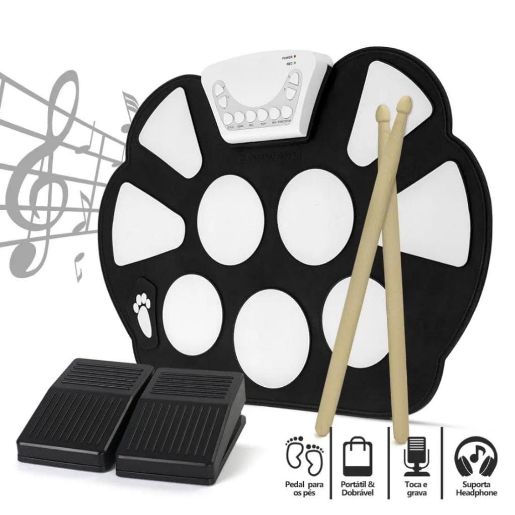 Bateria Musical Eletronica Silicone Dobravel Baquetas 2 Pedais