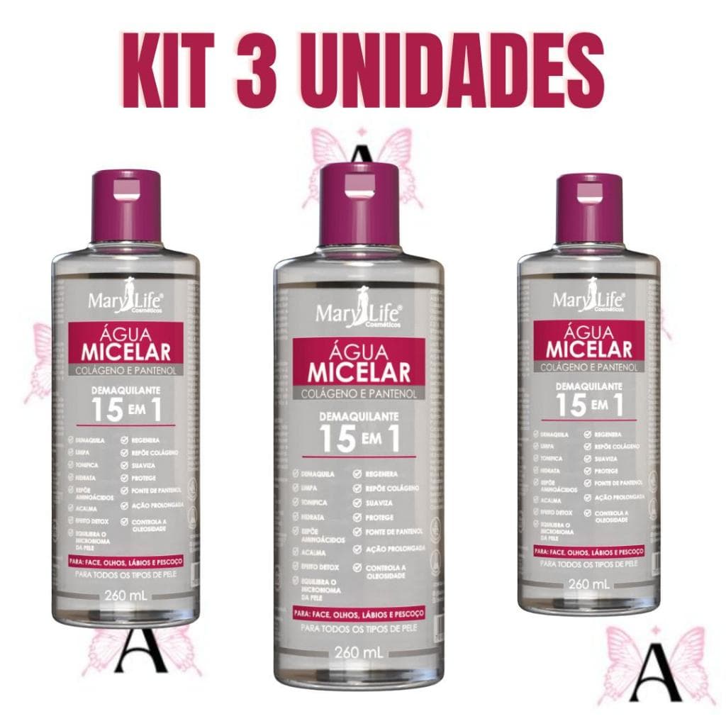 3 Unidades  Água Micelar Colágeno  e  Pantenol  15 em 1 260mL Mary Life