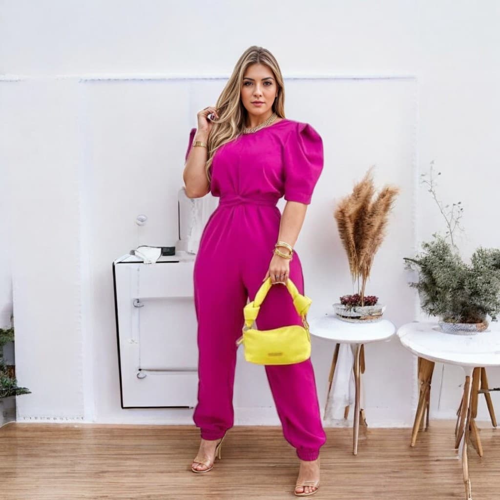 Macacão Longo Feminino Manga Bufante Princesa Com Cinto Envio Imediato