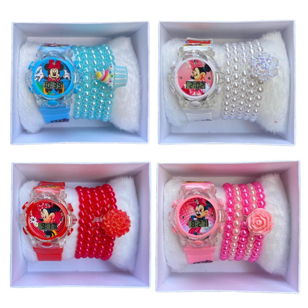 Kit Relógio Musical e Pulseira Infantil Para Meninas com Caixinha