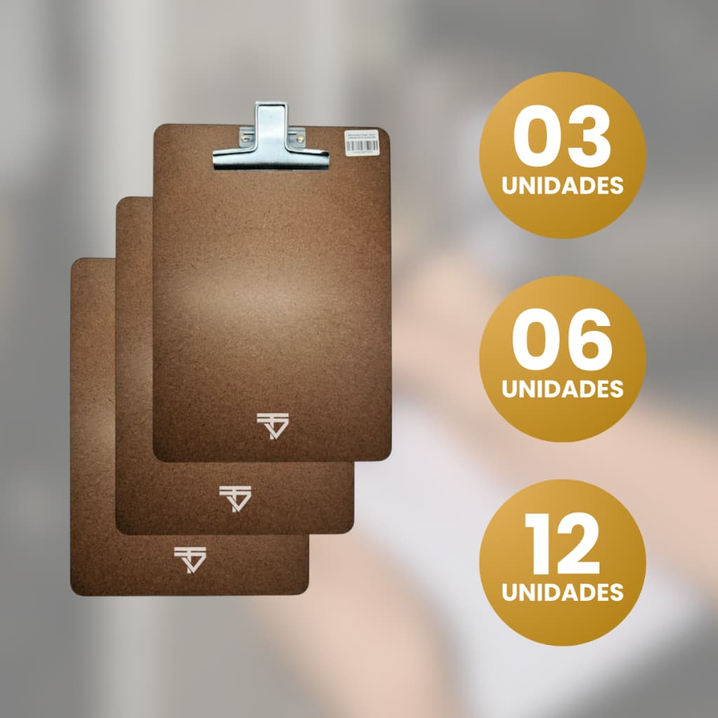 KIT PROMOCIONAL Prancheta de Madeira Eucatex A4 Ofício Com Prendedor de Metal 33cm x 23cm