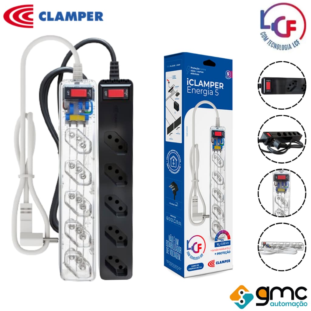 Filtro De Linha Protetor de Surto DPS Clamper Energia 5 Tomadas Transparente e Preto LCF