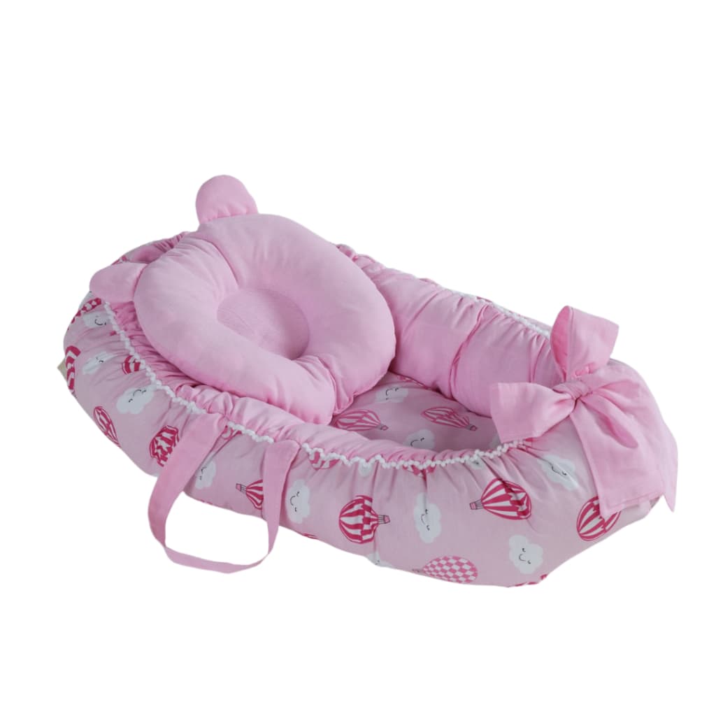 ninho redutor de berço bebe menina balão rosa + almofada anatômica