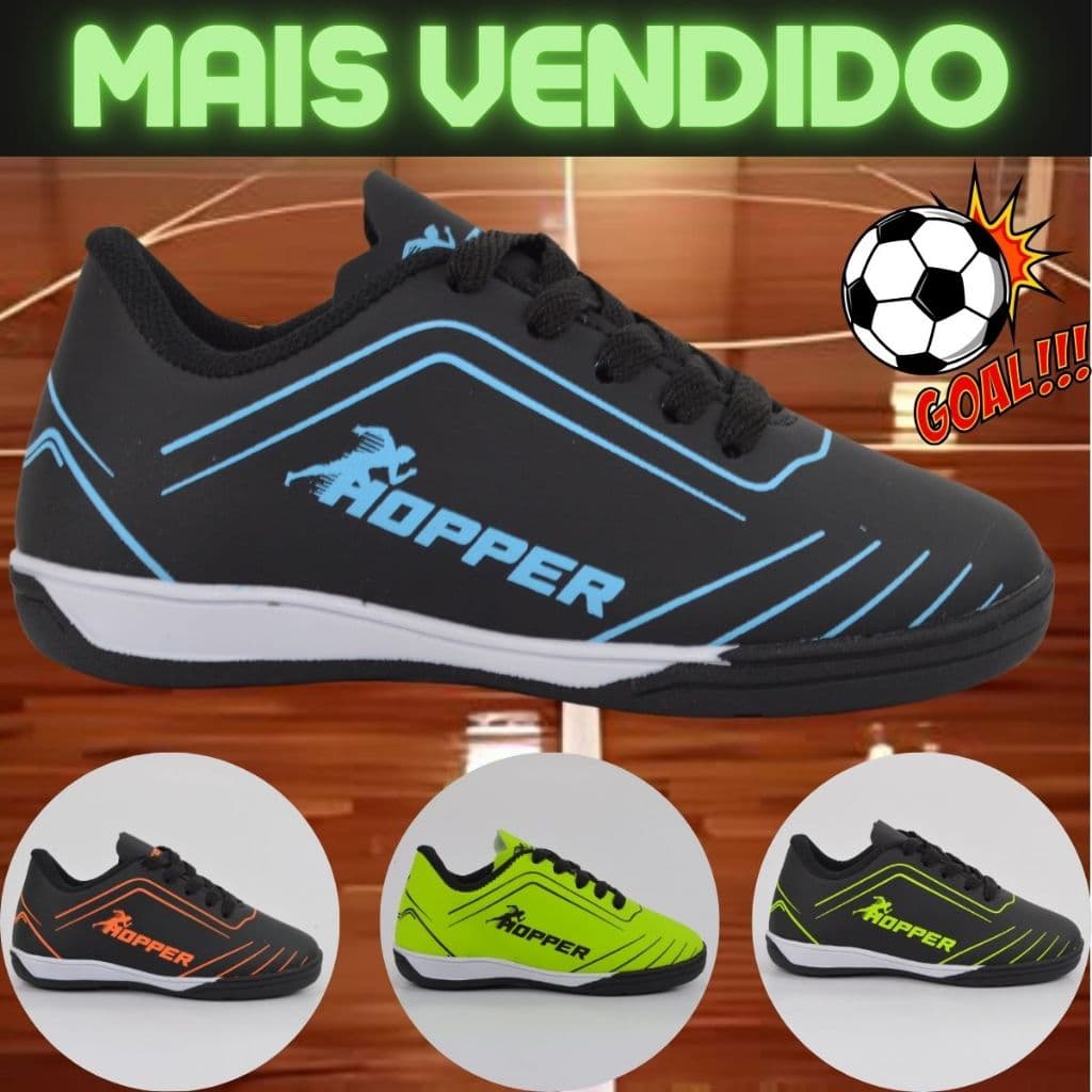 Chuteira para Crianças Infantil Hopper Futsal Quadra - Tamanhos 26 a 33, Diversas Cores