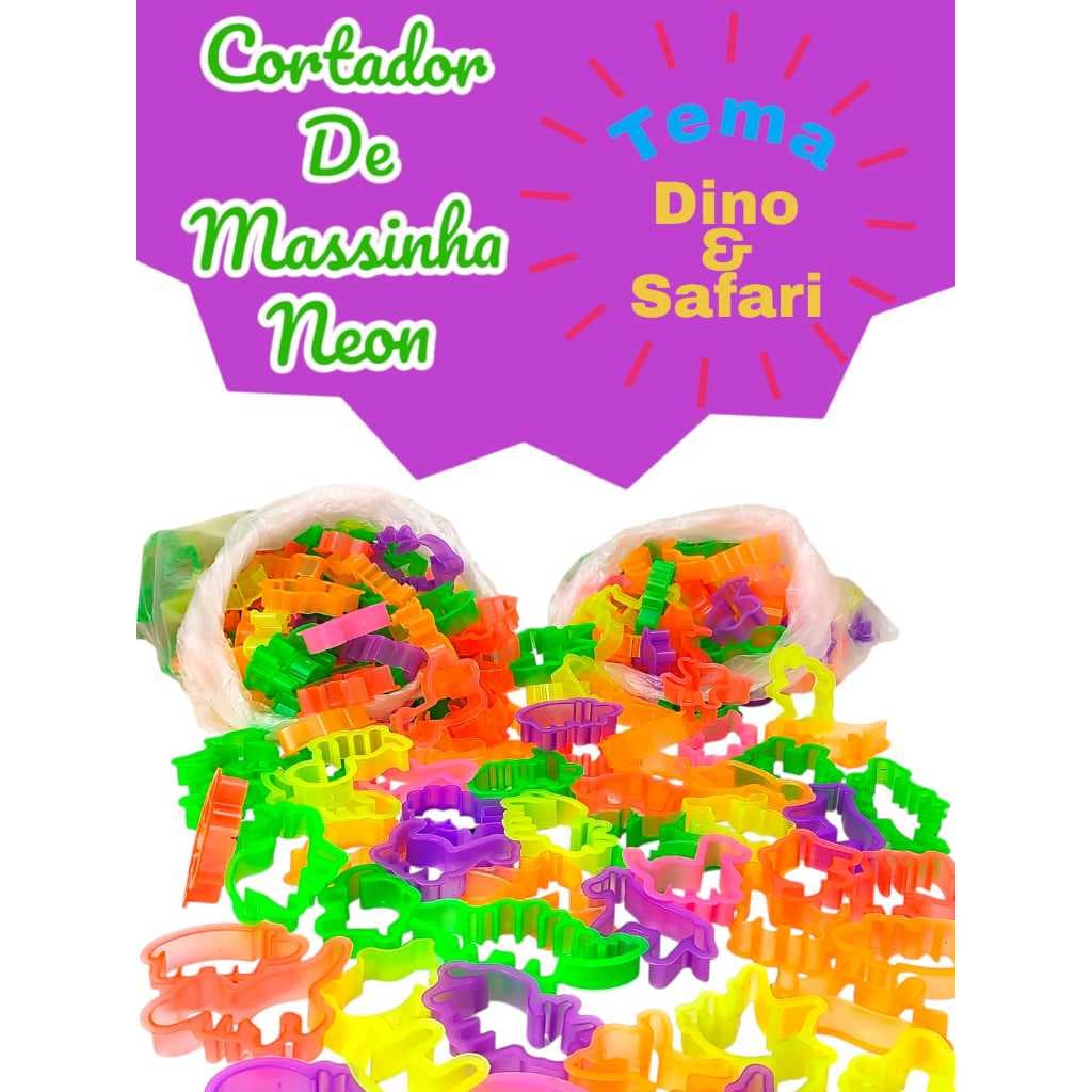 Kit Cortador de Massinha Neon Forminha Modelar Dinossauro Safari Kit Lembrancinha Aniversario Prenda