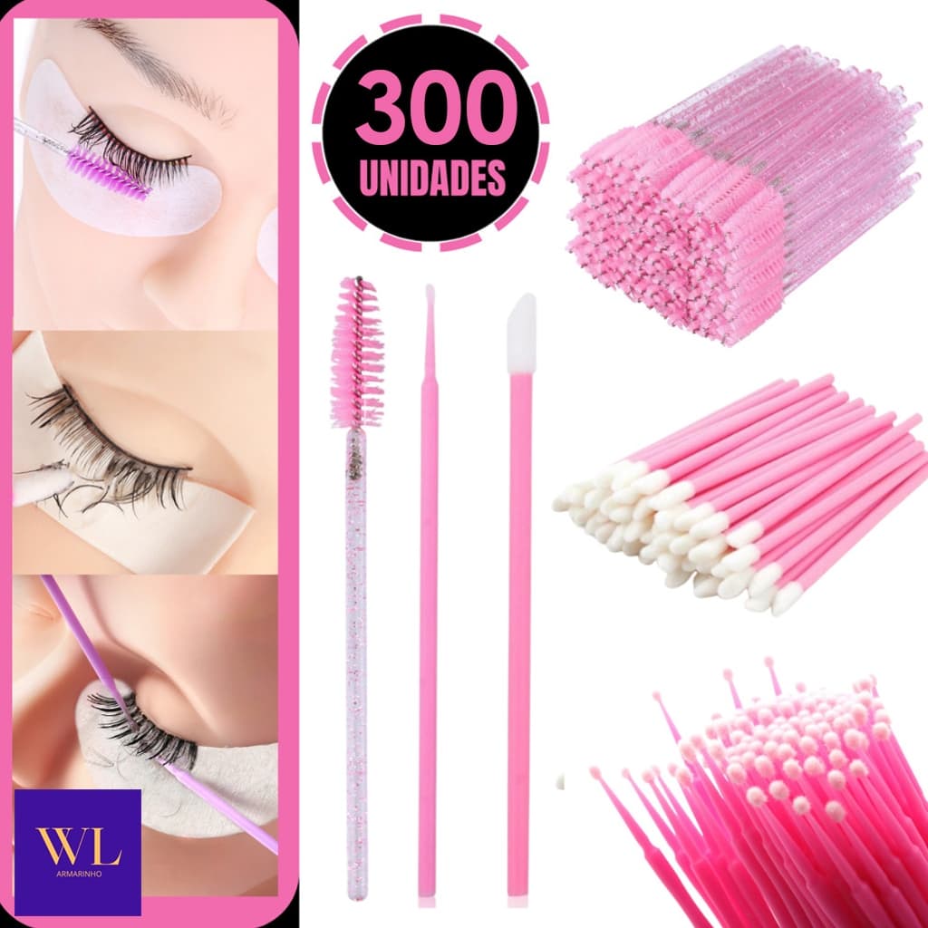 Kit 300 Peças Com 100 Escovinhas + 100 Microbrush + 100 Aplicador de Batom Alongamento Cilios Promoção - Entrega Pronto