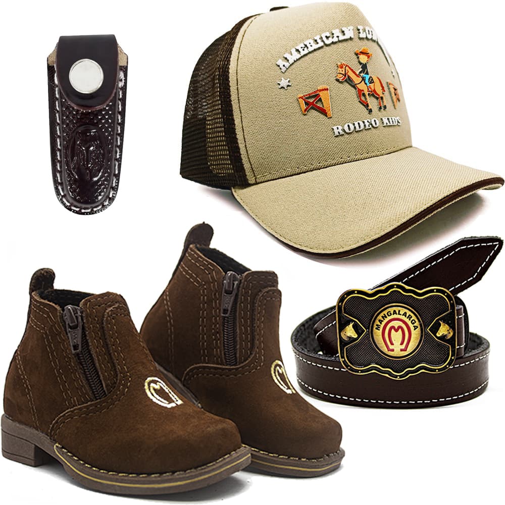 Kit Infantil Botina Cowboy Mm + Bone  Cowboyzinho Peao + Cinto Couro + Bainha CV