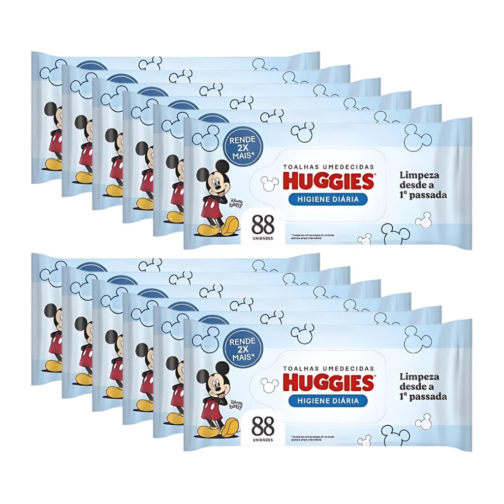 Kit com 12 pacotes de Lenço Toalhinhas Umedecidas Higiene Diária Huggies 88 unidades cada