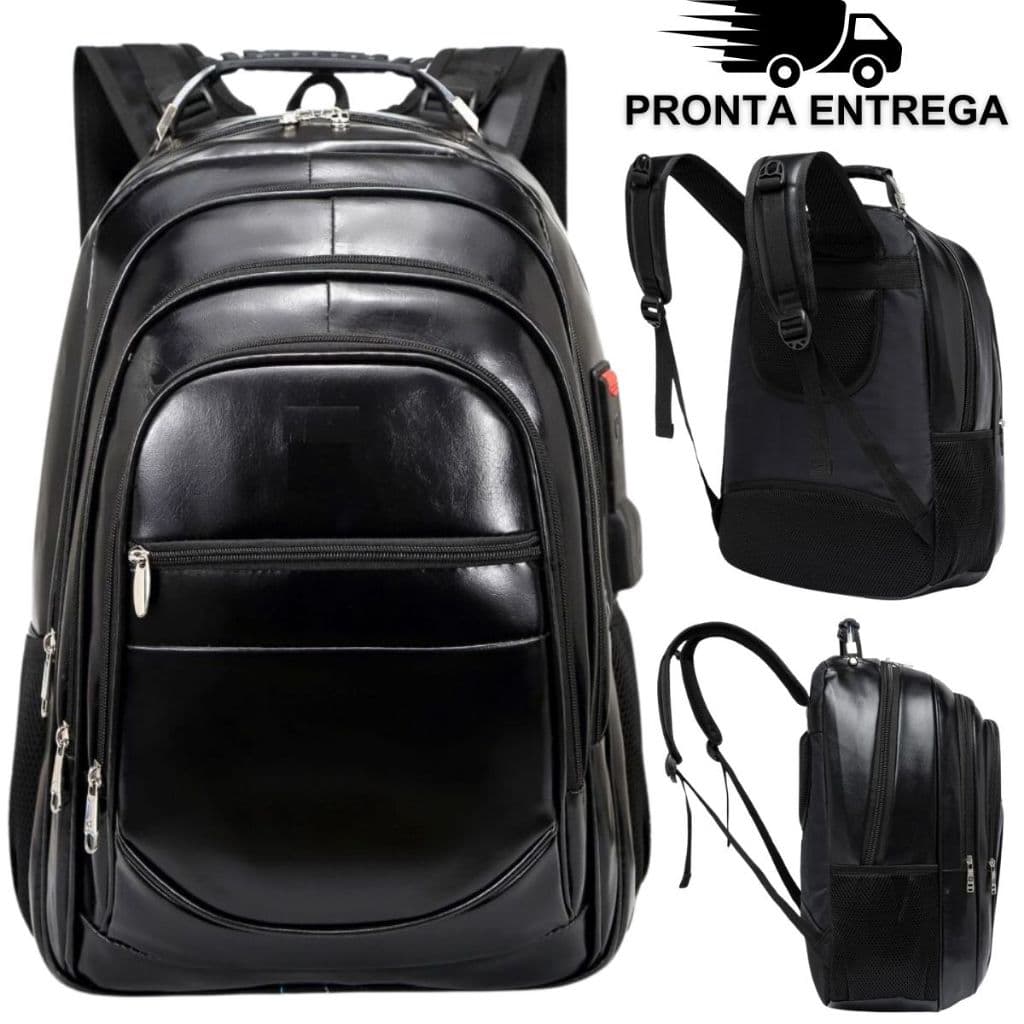 Mochila Couro PU Grande Executiva Para Notebook Trabalho Faculdade Reforçada Cabo De Aço USB