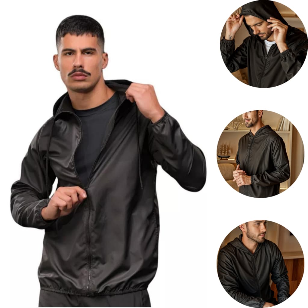 Jaqueta Masculina Corta Vento Resistente a Água Semi Forrada Lisa com Capuz e Bolso e Ziper