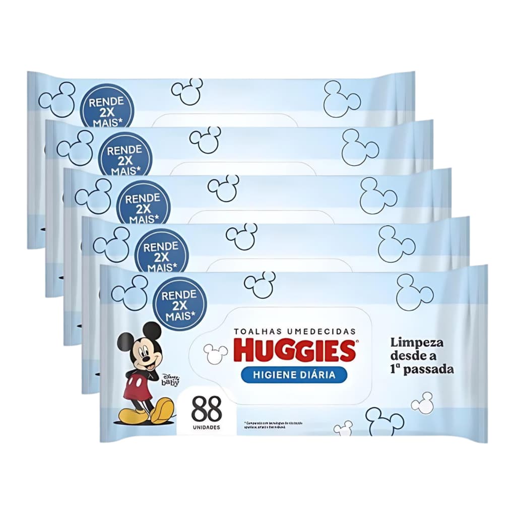 Kit com 5 pacotes de Lenço Toalhinhas Umedecidas Higiene Diária Huggies 88 unidades cada