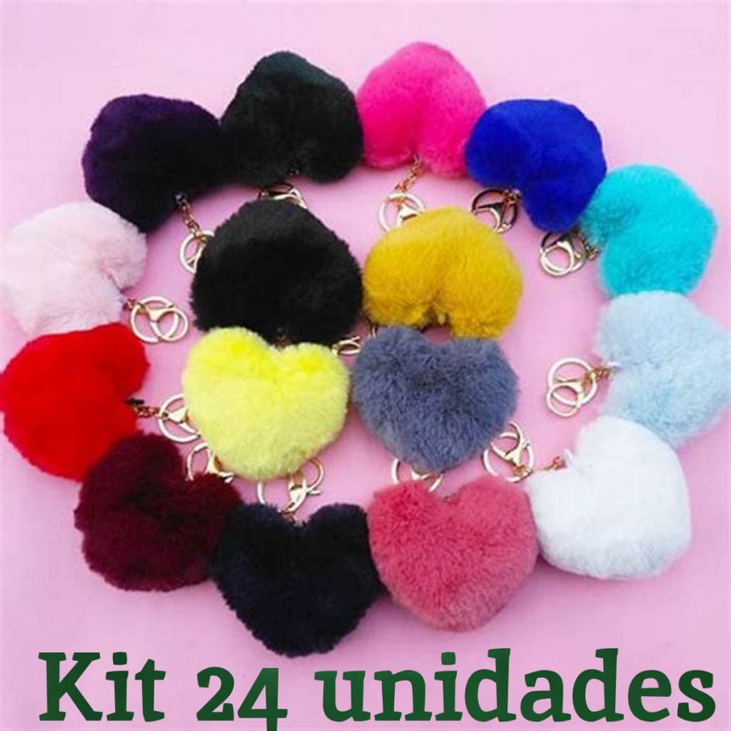 kit 24 Chaveiros de Coração Pompom Liso Ou Colorido Pelúcia Fofa