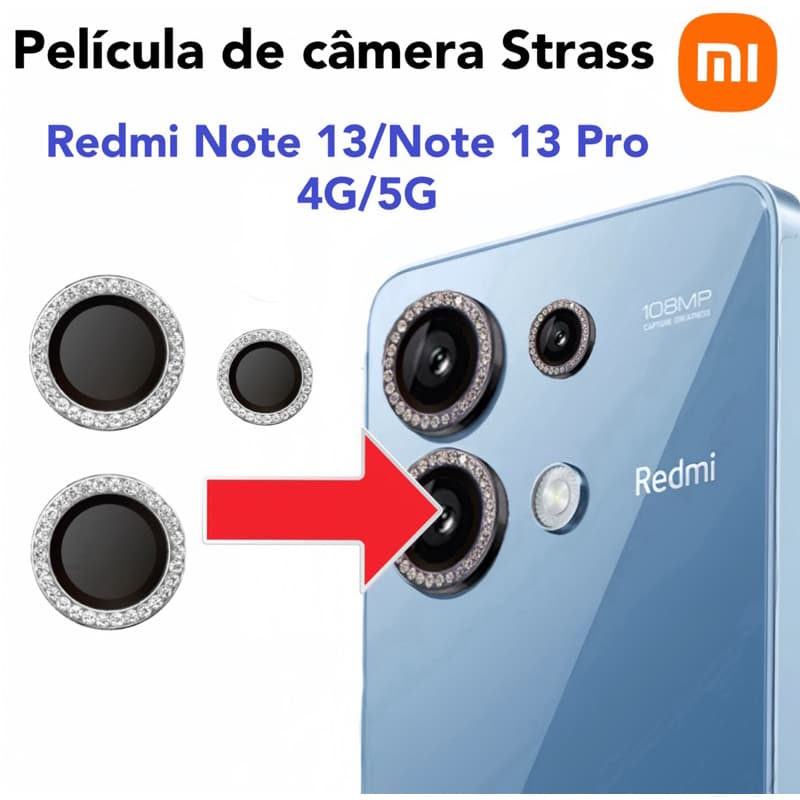 KIT 3 peças Películas de câmera Diamante Para Redmi Note 13 4G 5G /Note 13 Pro 4G 5G Película protege com Strass Brilho
