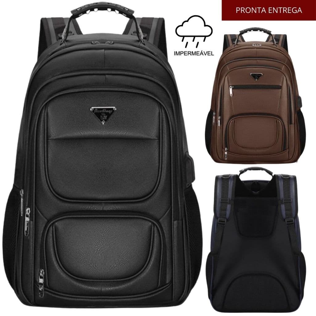 Mochila Couro PU Gigante Executiva Para Notebook Trabalho Faculdade Reforçada Antifurto Senha Cabo De Aço USB