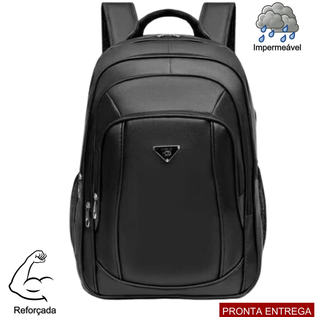 Mochila de Couro Preta Grande Média Notebook Escolar Masculina/Feminina
