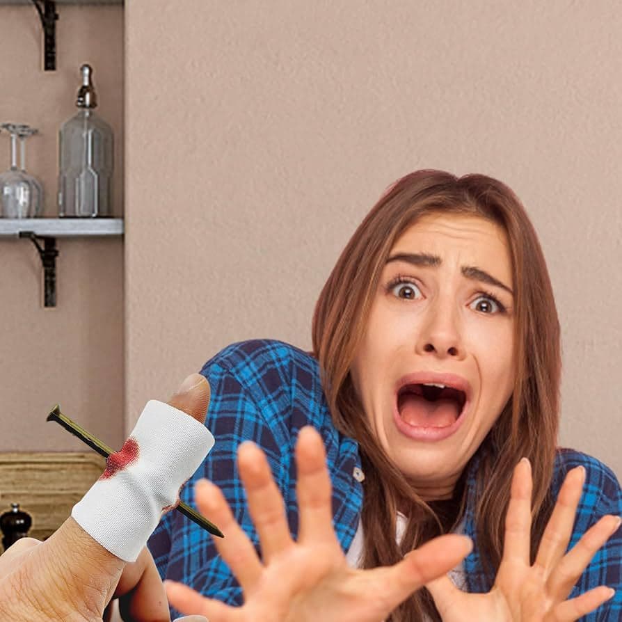 ANEL DEDO MACHUCADO CURATIVO COM PREGO FANTASIA DIVERTIDA + SANGUE ARTIFÍCIAL FESTA HALLOWEEN