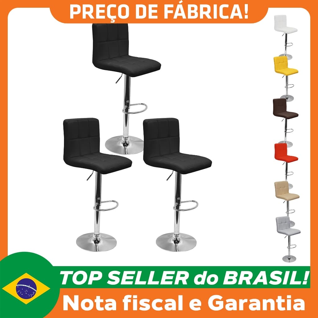 Kit 3 Banquetas Confort Gomos Estofada Couro Giratória c/ Regulagem