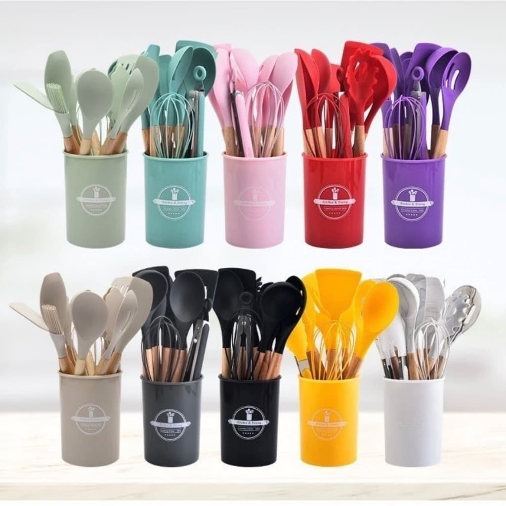 Kit Jogo C/12 Peças Utensílios De Cozinha Colheres Espatula Silicone Cabo Madeira