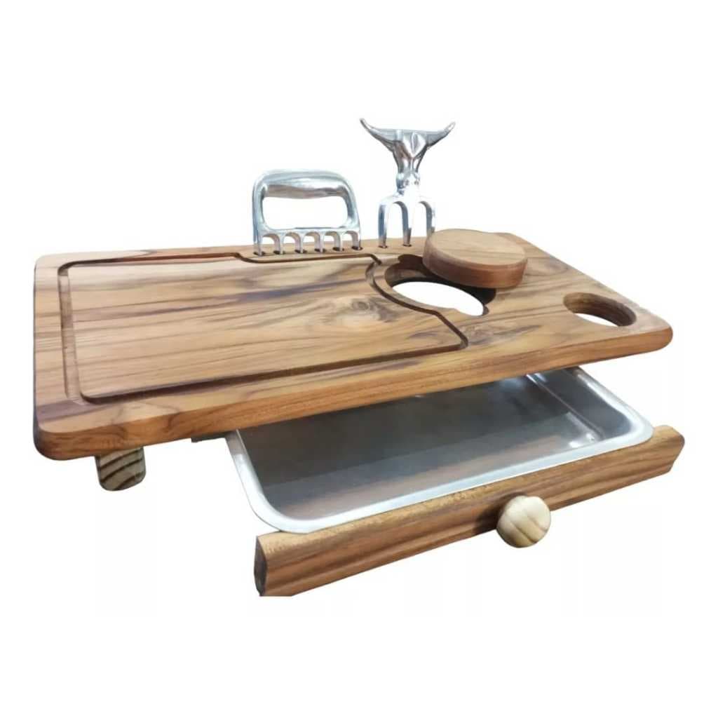 Kit Tabua De Carnes para Churrasco Rustica Com Gaveta E Garras Urso Tridente