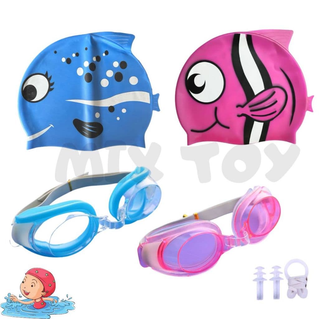 Kit Natação Touca e óculos  Peixinho de Natação Silicone Infantil Esporte Aquático