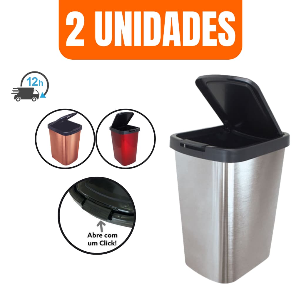 Kit 2 Lixeira Cesto Inox Metalizado 09 Litros Com Tampa Vermelho Rose Gold Banheiro Cozinha