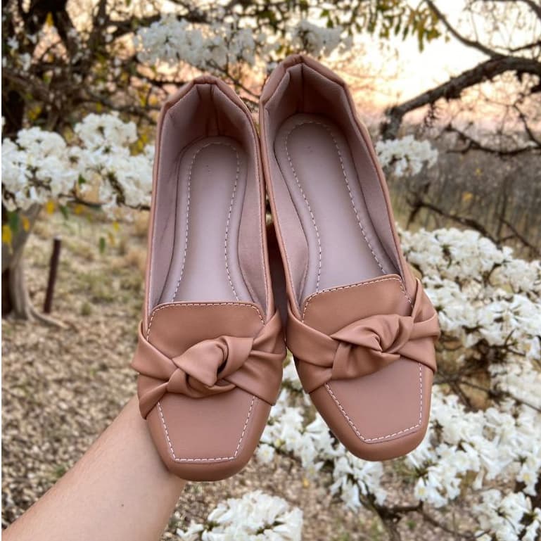 Mocassim Feminina Confortavel Caramelo Sapatilha Nó Bico Quadrado Lançamento Comfort