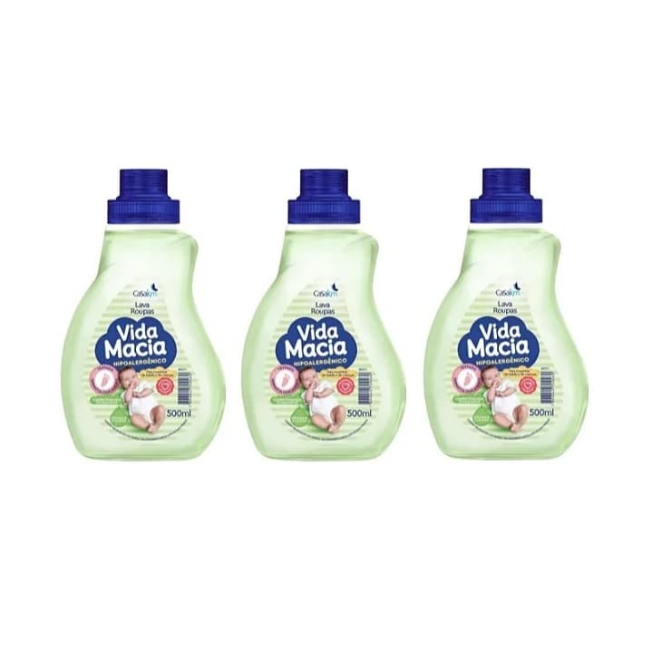 KIT COM 3 UNID. LAVA ROUPAS LIQUIDO VIDA MACIA  GLICERINA & ERVA DOCE 500ML