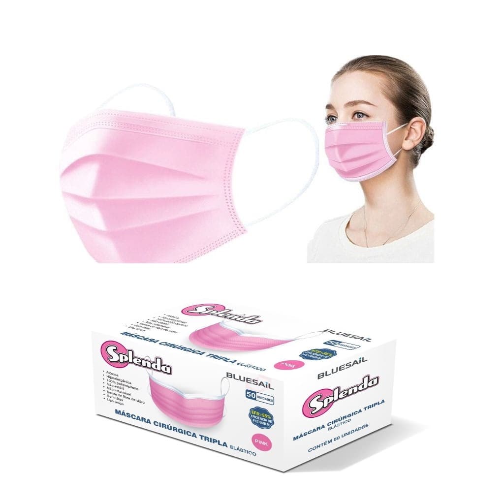 Máscara Descartável Tripla Camada ROSA/VERDE/AZUL/BRANCA/PRETA 50 Un
