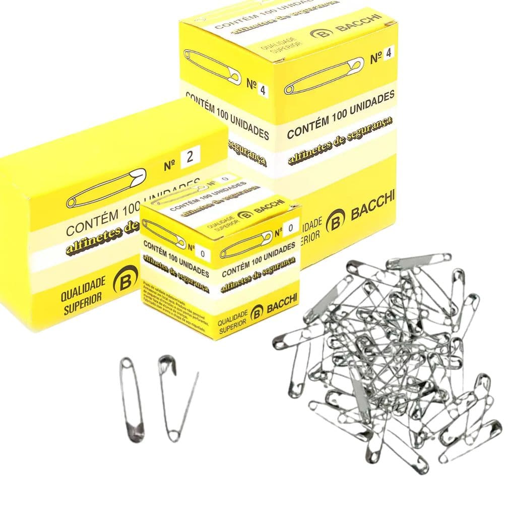 Alfinete de Segurança Niquelado Pequeno, Médio ou Grande 100 Unidades | N 00, N 2 e N 4 N 5 - Bacchi