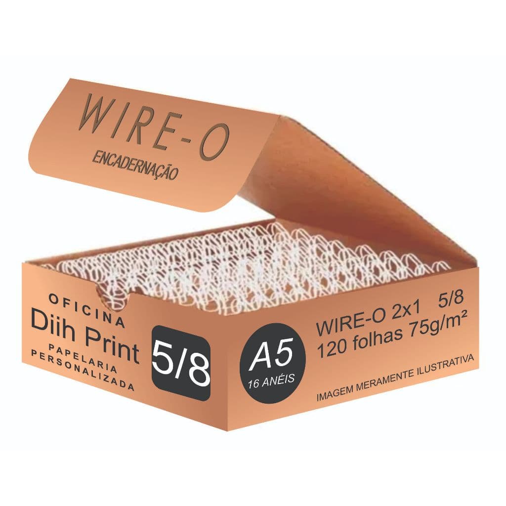 WIRE-O PARA ENCADERNAÇÃO 2X1 A5 5/8" 120 FLS BRANCO,PRETO,PRATA,ROSE GOLD,DOURADO,ROSA CLARO,BRONZE