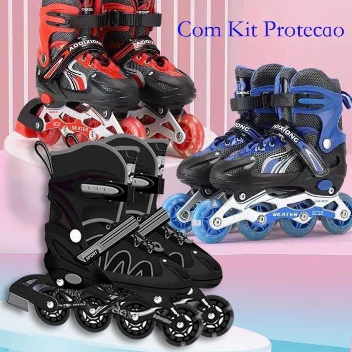 Patins Roller Inline Ajustável Com Luz De Led Com Kit Proteção Várias Cores E Tamanhos Promoção